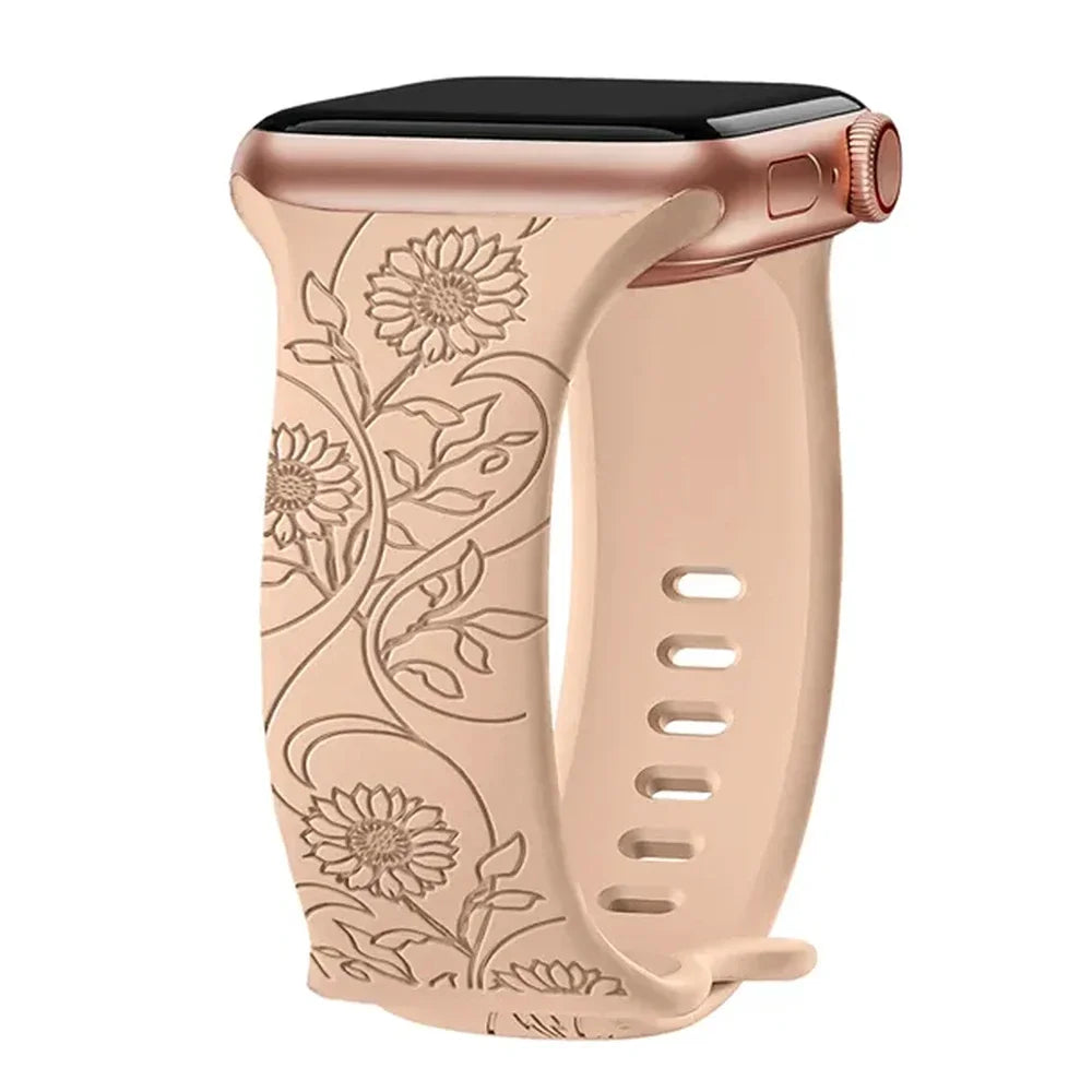 Floral Engraved Silicone Strap | Elegant Replacement Band for Apple Watch