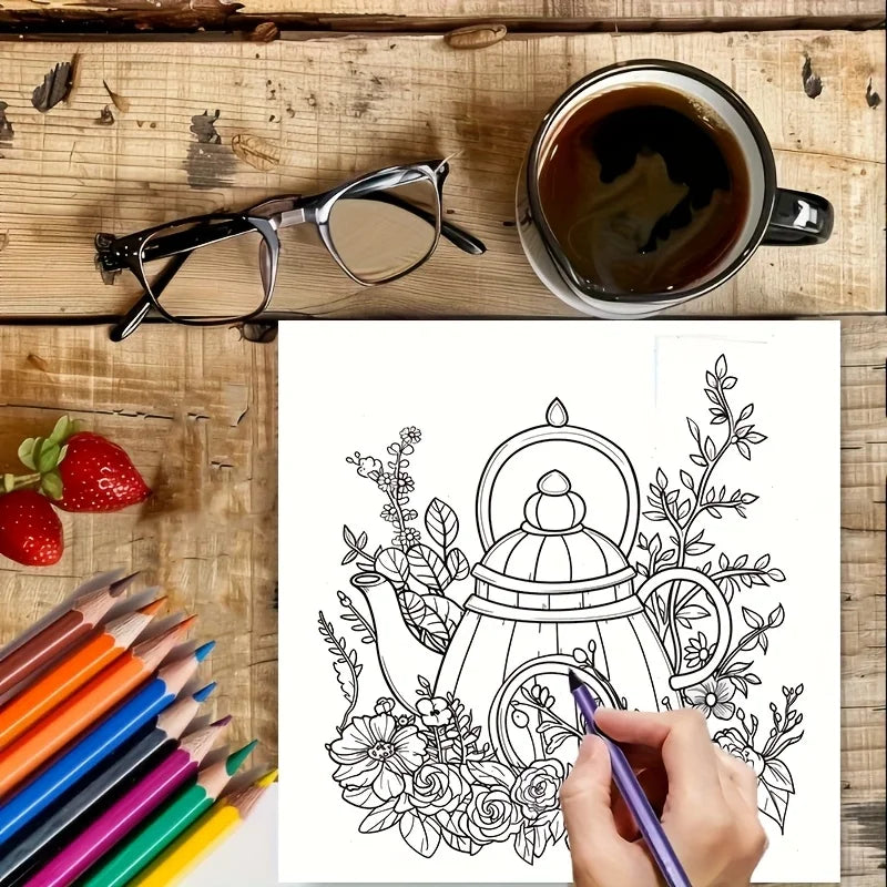 Dreamy Floral Theme Teapot Coloring Book | Adult Stress Relief
