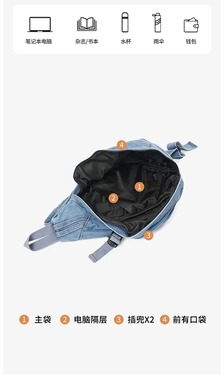 Vintage Washed Denim Sling Bag Man Woman Multifunction Retro Large Capacity Portable Motorcycle Chest Bag