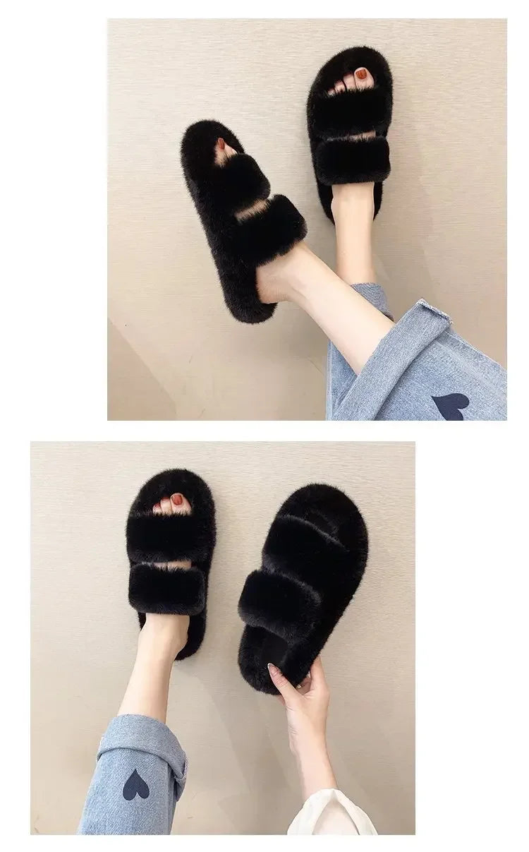 Cozy Double Fur Cross-Strap Plush Slippers | Warm Indoor Footwear