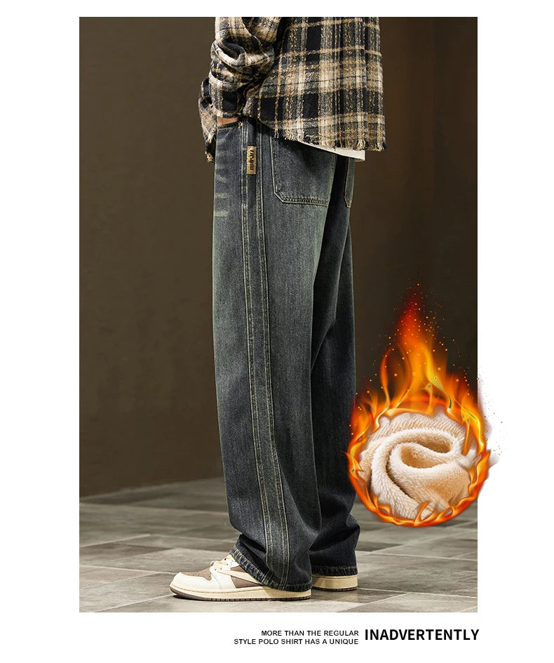 Winter Fleece Thick Cotton Jeans — Warm Korean Velvet Loose Wide Pants for Men, Elastic Waist Plush Tapered Outdoor Trousers