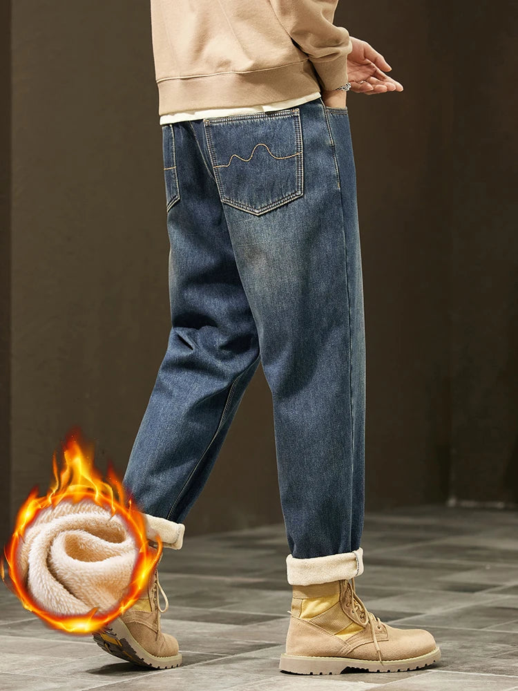 Men's Retro Loose Winter Fleece Jeans | Warm Plush Velvet Pants