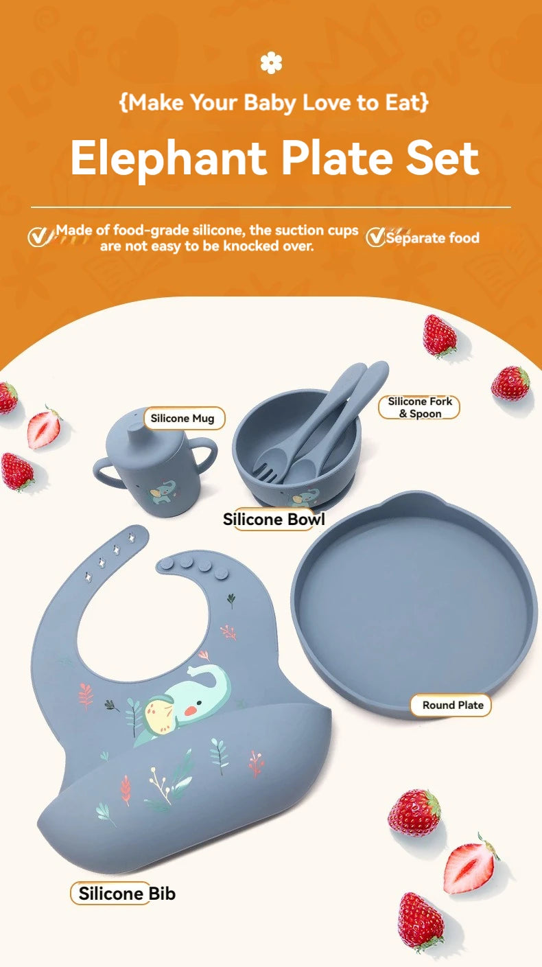 Silicone Children's Tableware Set | Bib, Plate, Bowl & Spoon