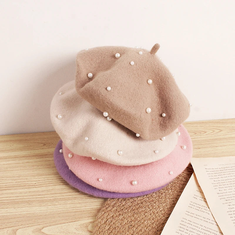 Wool Kids Winter Hat | Stylish Baby Beret with Pearl Detailing