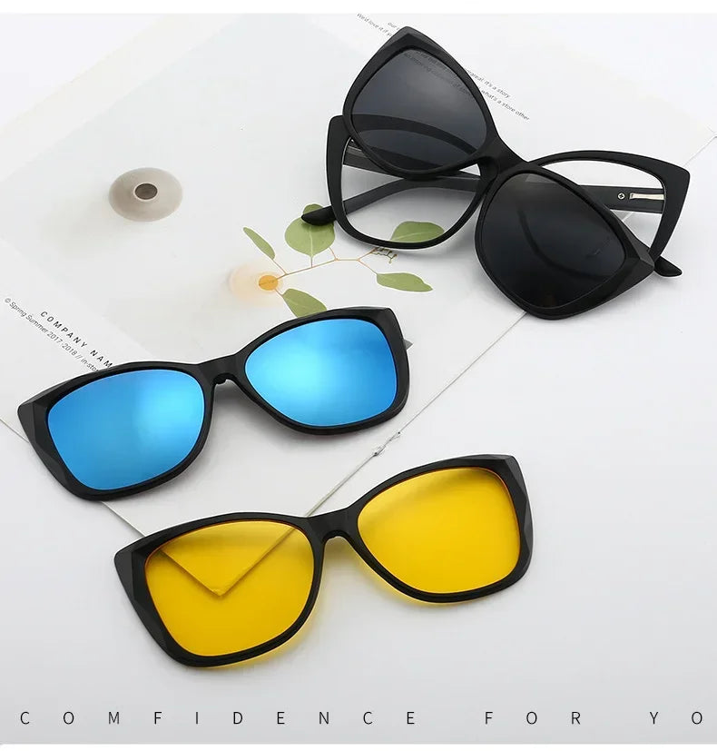 Stylish Cat Eye Prescription Glasses with Clip-On Sunglasses