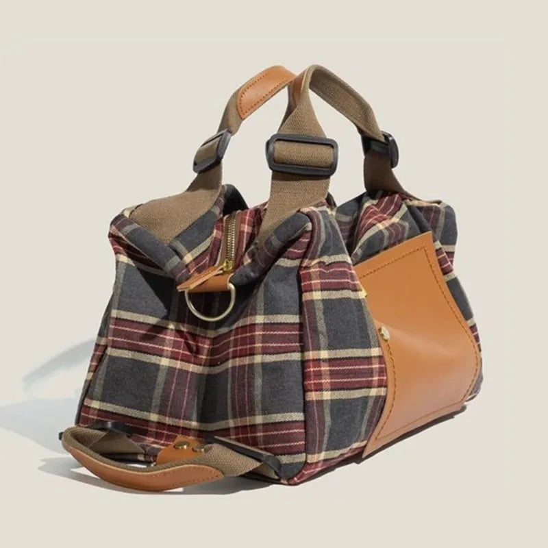 Large Capacity Burgundy Plaid Handbag | Convertible Shoulder Backpack
