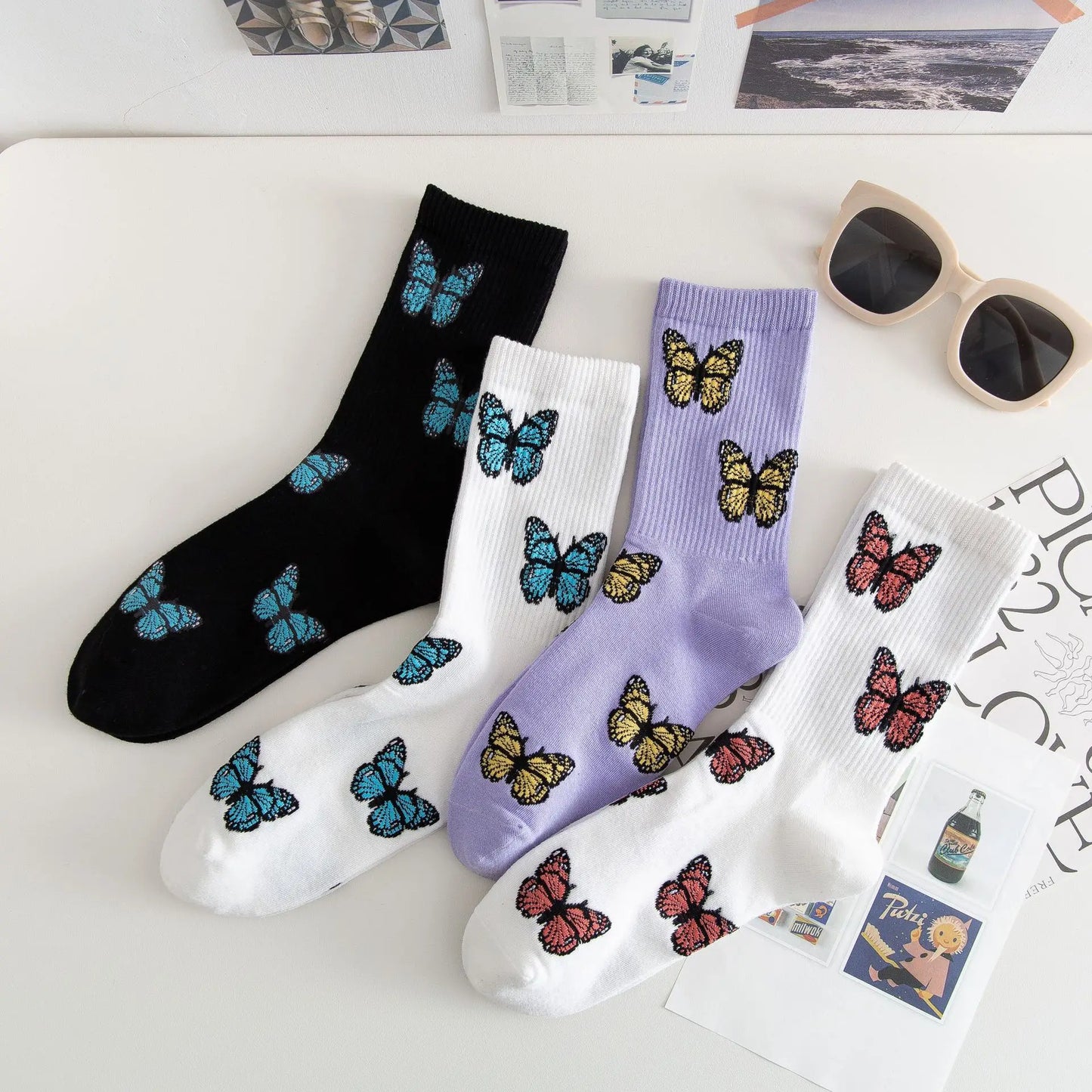 Stylish Butterfly Crew Socks for Women | Kawaii Streetwear Fashion