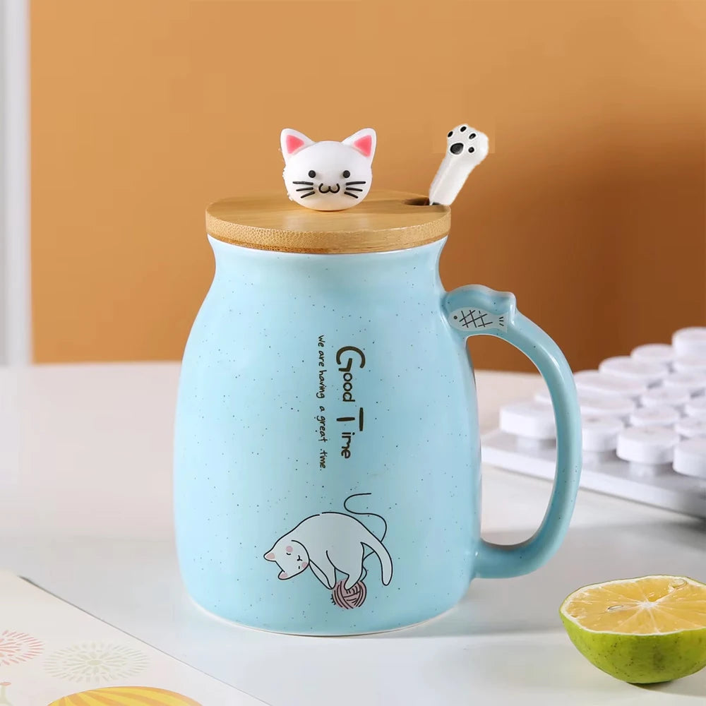 Cute Cat Water Cup | Adorable Ceramic Mug with Lid & Spoon