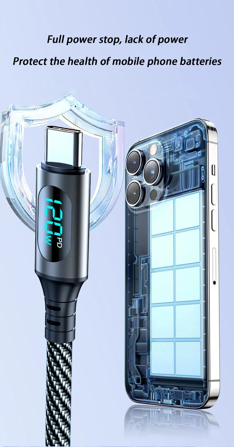 Cable A-C and C-C With Led Digital Display Cable Max 120W Super Fast Charge Cable For Xiaomi 17 Huawei Samsung iPhone Oneplus