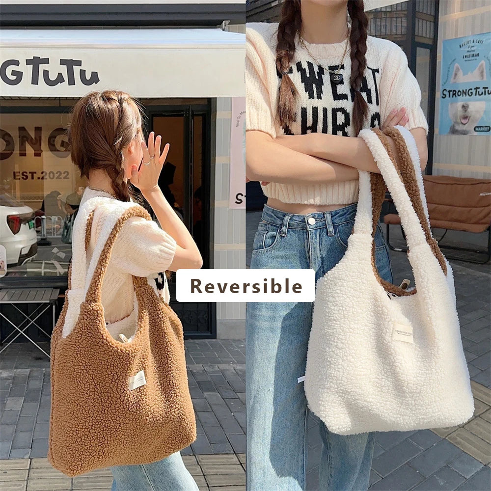 Reversible Plush Shoulder Bag for Women | Warm Fabric Tote