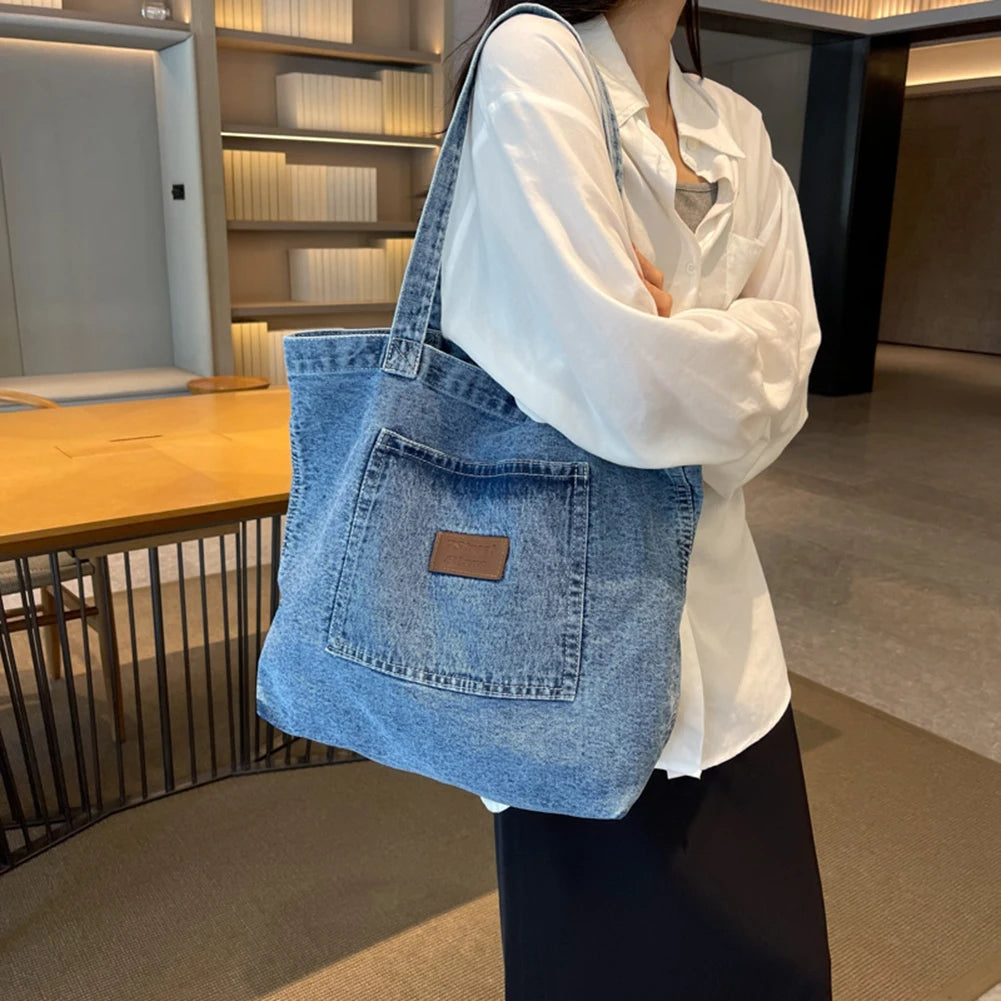 Stylish Large Canvas Tote Bag | Versatile Denim Handbag
