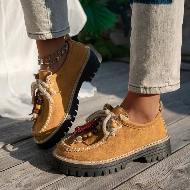 Women's Lace-Up Retro Bead Sneakers | Stylish Flat Shoes