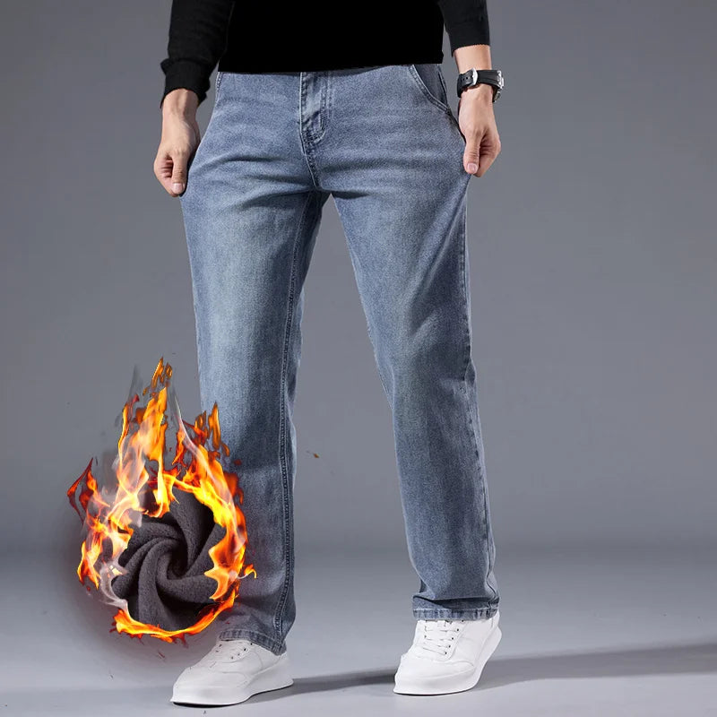 Men’s Winter Warm Fleece Lined Thick Stretchable Business Casual Jeans Lightweight Office & Daily Wear Loose Fit Trousers