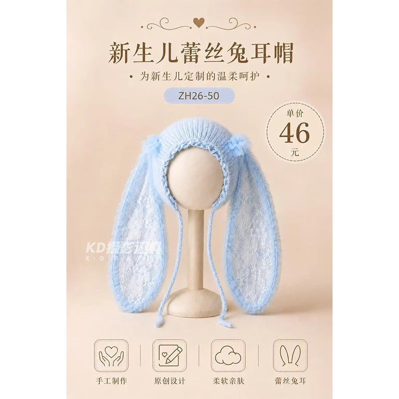 Newborn Photography Bunny Ear Hat Baby Crochet Rabbit Bonnet Soft Lace Knit Cap Infant Photo Props for Baby Boy Girl Photoshoot
