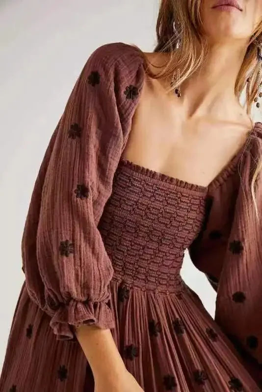 Boho Floral Embroidery Maxi Dress for Women | Casual Fashion