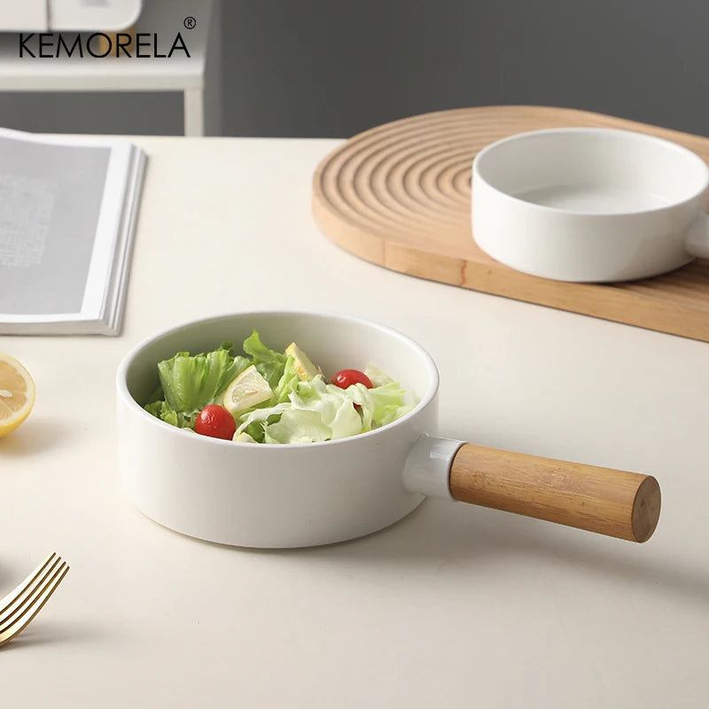 Ceramic Salad Bowl with Wooden Handle | Versatile Tableware