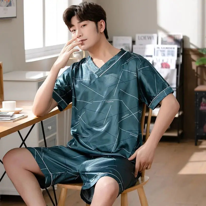 Men's Ice Silk Pajamas Set | Comfortable Short Sleeve Homewear