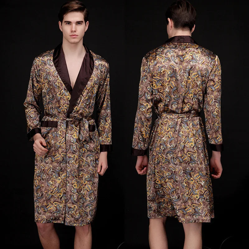 Traditional Japanese KIMONO Fashion YUKATA Oriental Gold Dragons Pattern Bathrobe Summer Men Ice Silk Robes Pajamas  Sleepwear