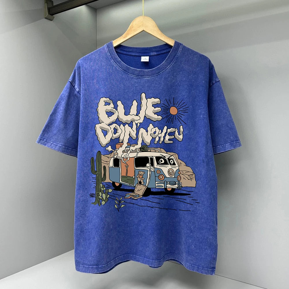 Oversized Cotton Camping T-Shirt for Men | Retro Cartoon Hip Hop Style
