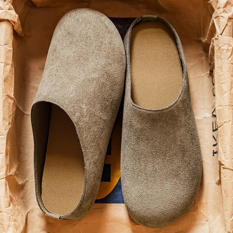 New Men's Slippers New Retro Solid Color Flat Bottom Women's Slingback Shoes Closed Toe Round Toe Suede Clogs Sandals Autumn