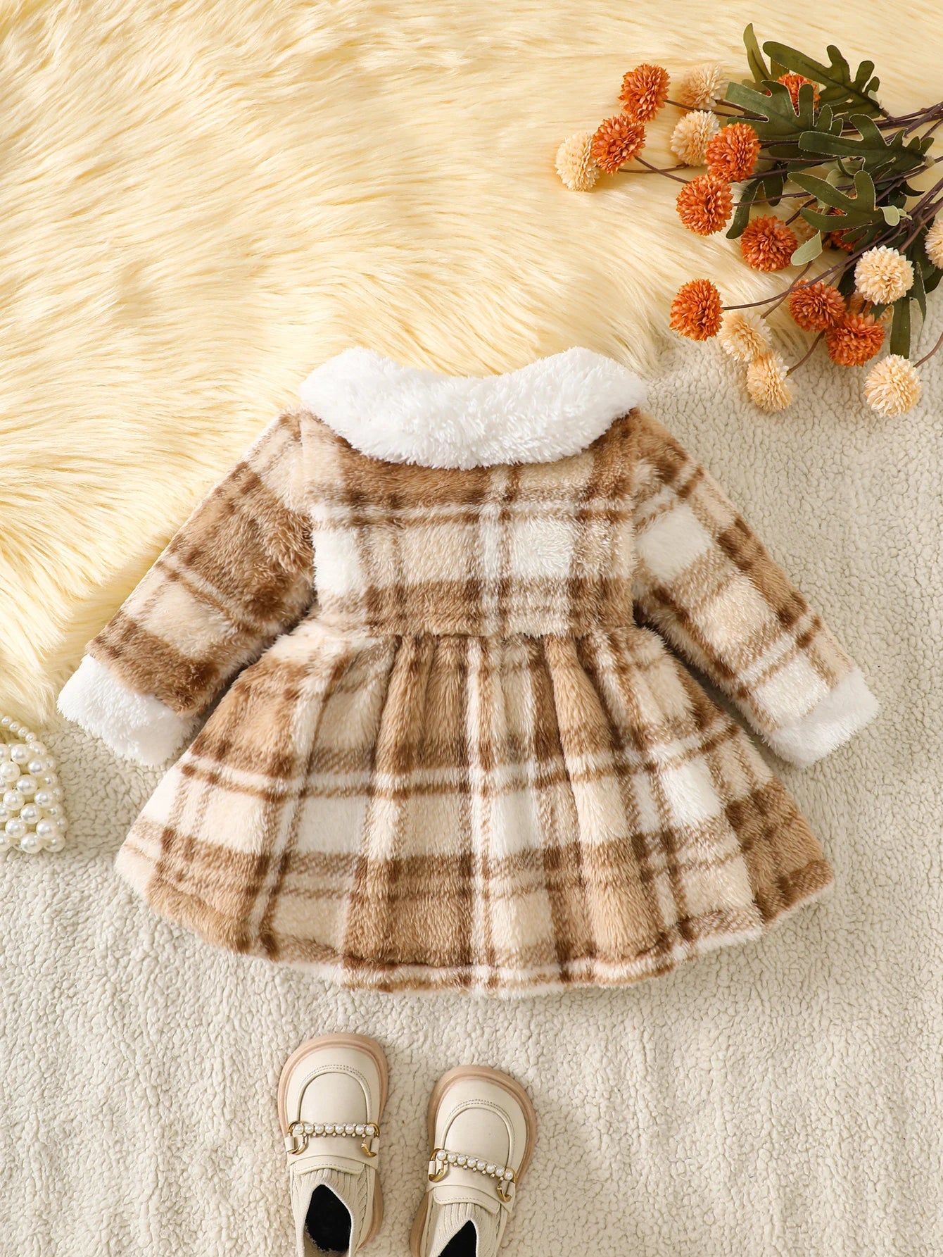 Baby Girl Plush Plaid Faux-Fur Dress | Cozy Winter Outfit