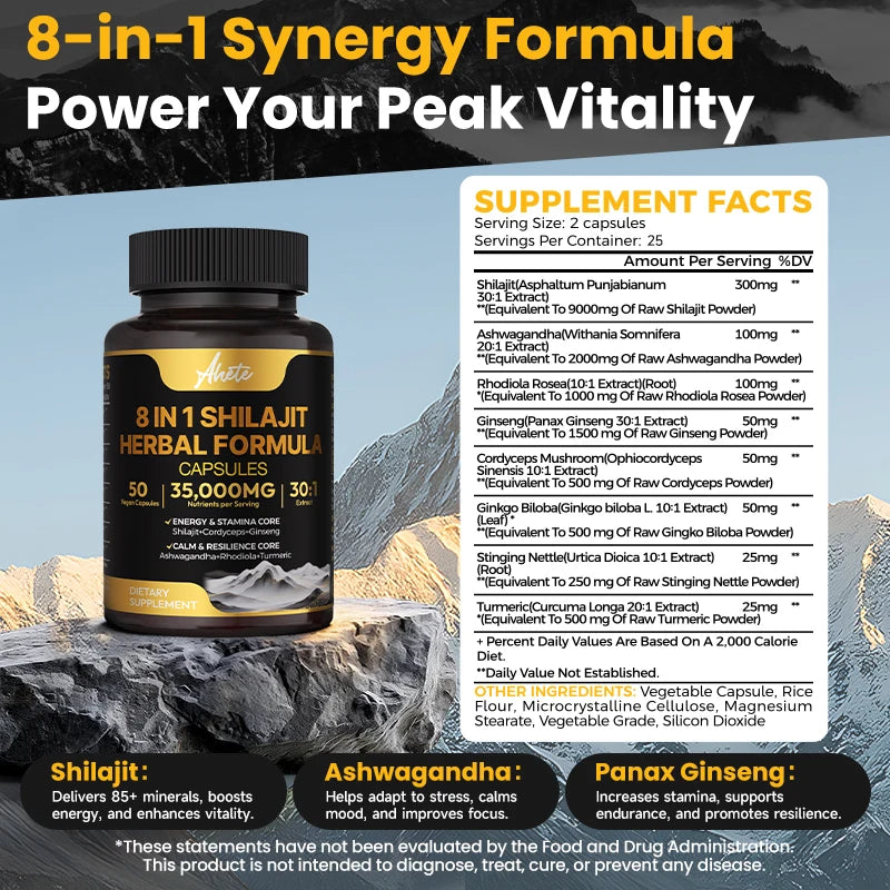 8-in-1 Himalayan Shilajit Capsules for Stress Relief & Vitality