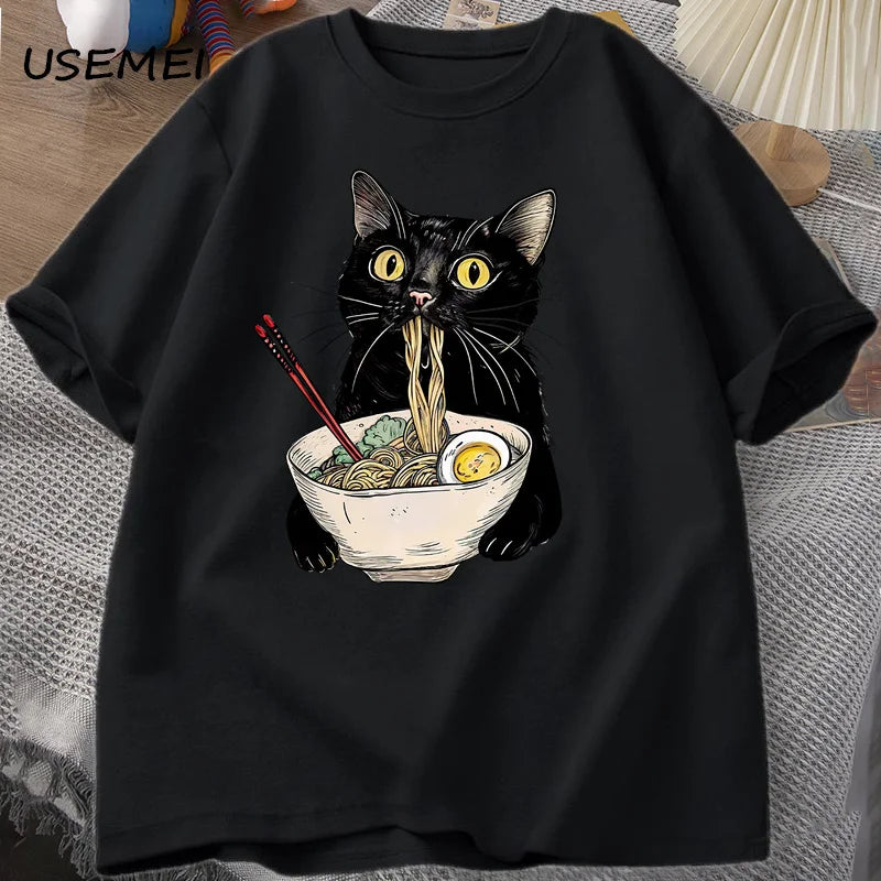 Funny Cat Noodle T-Shirt | Retro Casual Tee for Food Lovers