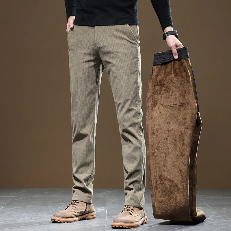 Winter Fleece Warm Corduroy Pants Men Slim Fit Stretch Business Casual Thicken Fluff Trousers Gray Khaki