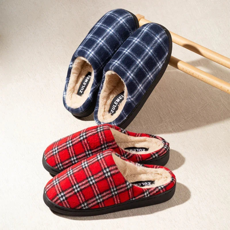Men's Striped Plaid Fleece Slippers | Warm Cozy House Shoes