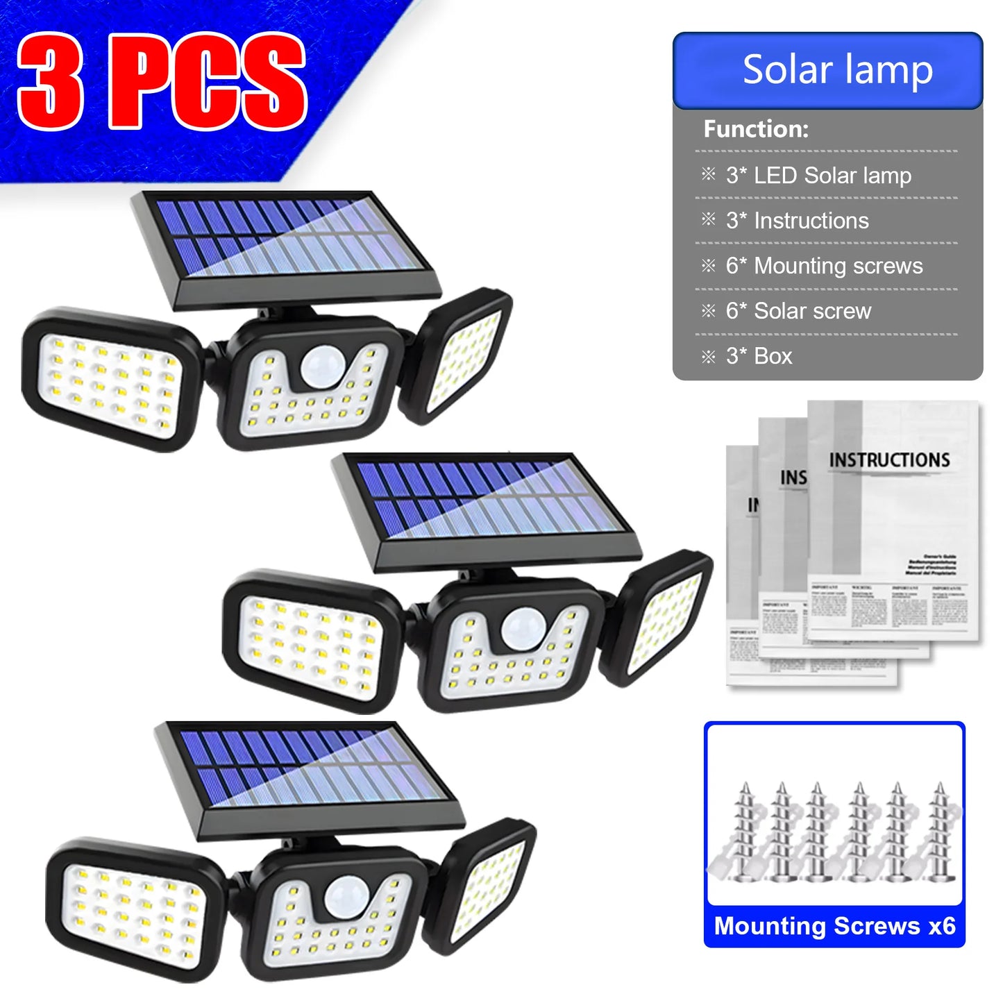 Luces solares ajustables de 3 cabezales | Lámparas de pared para exteriores con sensor de movimiento