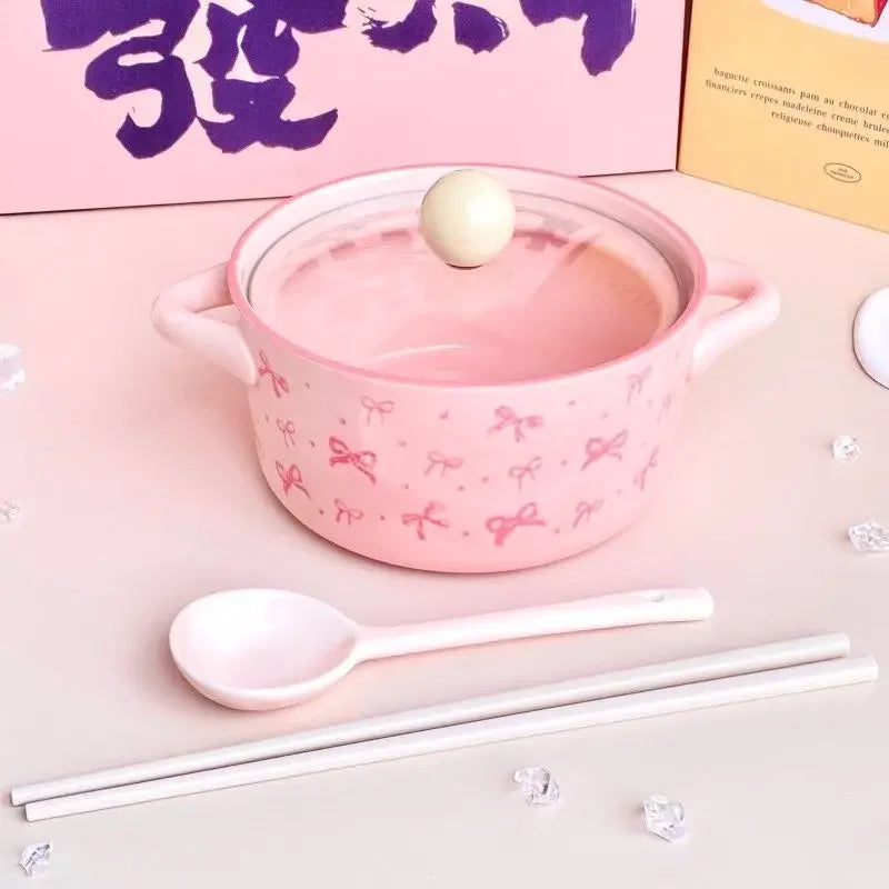 Bol de cerámica con tapa para fideos, diseño de lazo rosa | Adorable tazón para sopa