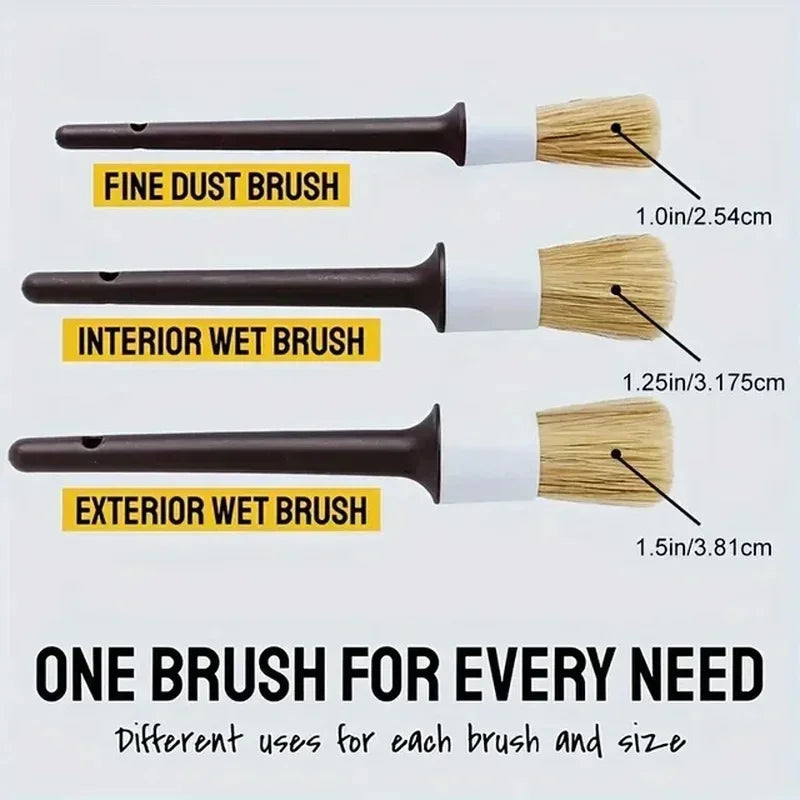 3PCS Car Detailing Brushes Set | Boar Hair Bristle Cleaning Tools