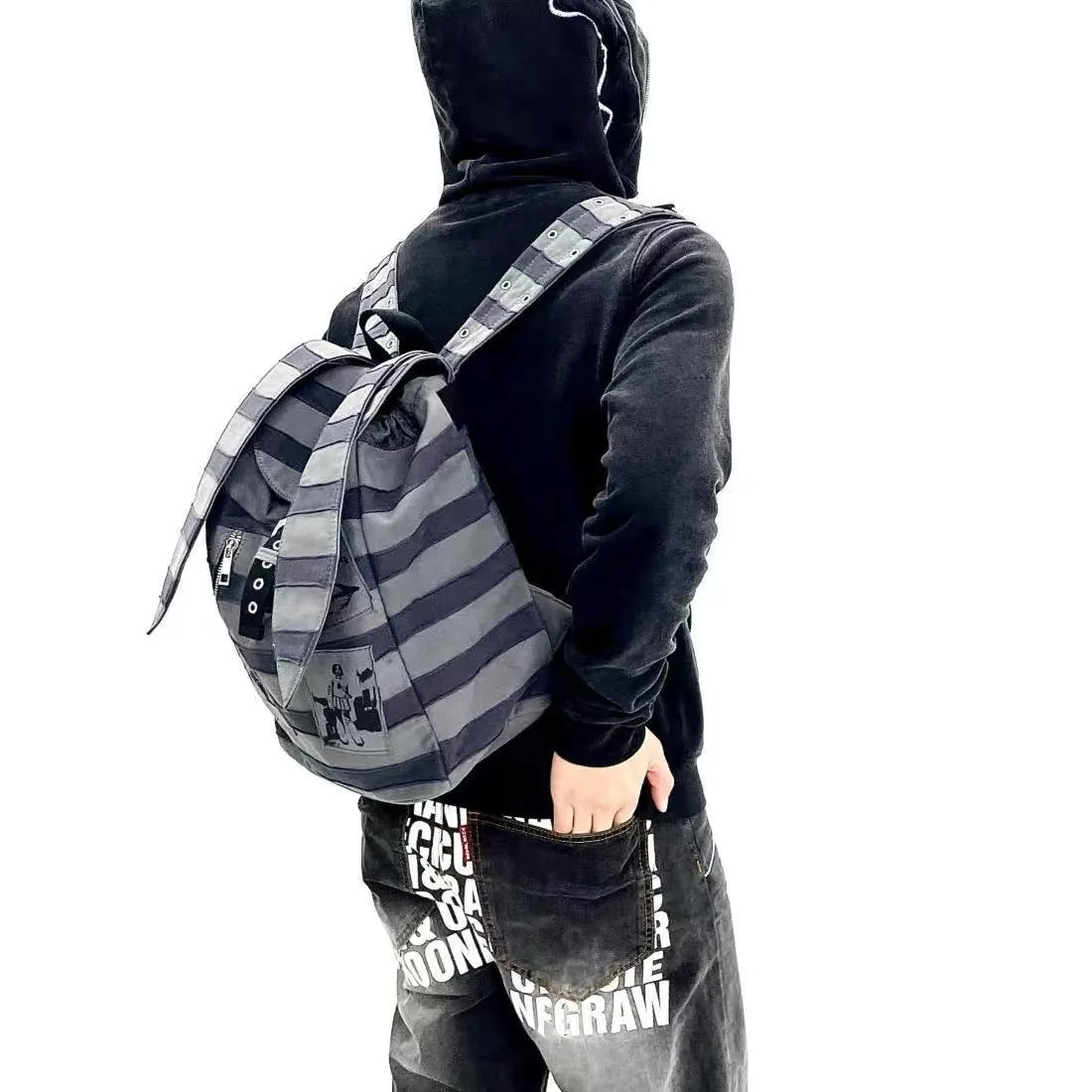 Vintage Striped Rabbit Ear Backpack | Unisex Punk Hip Hop Style