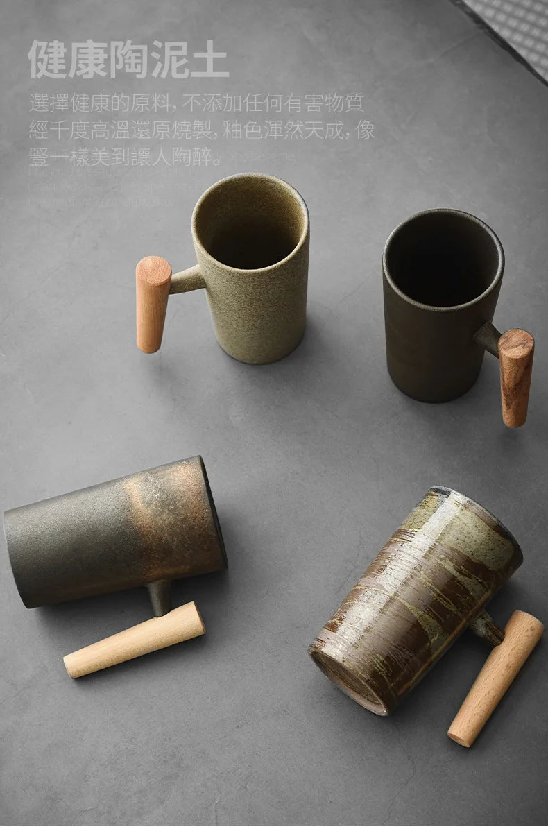 Handmade Stoneware Coffee Cup with Wooden Handle | Vintage Style Mug