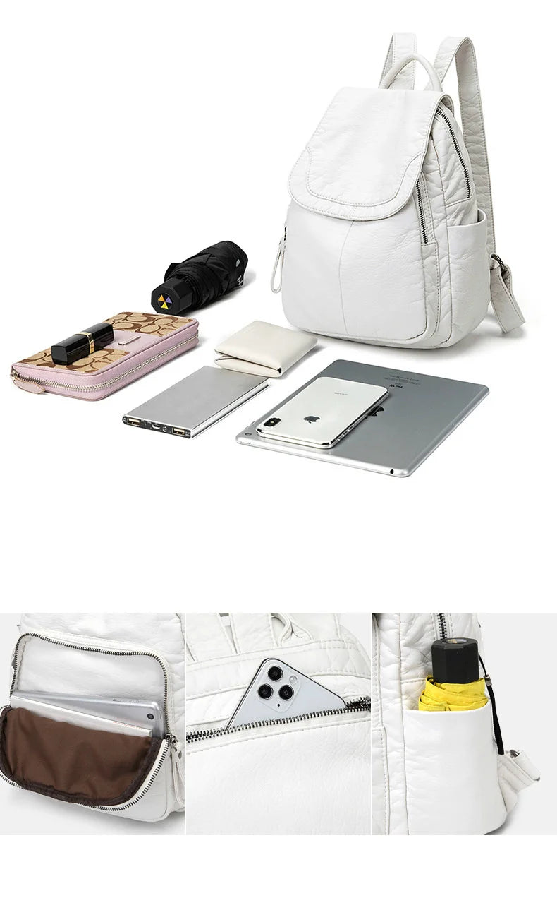 Stylish Women's White Washed Leather Backpack for Casual Travel