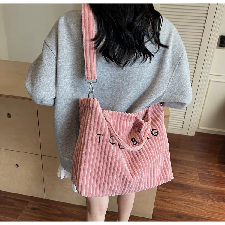 Bolso de mano de terciopelo a rayas de gran capacidad | Bolso tote elegante y versátil