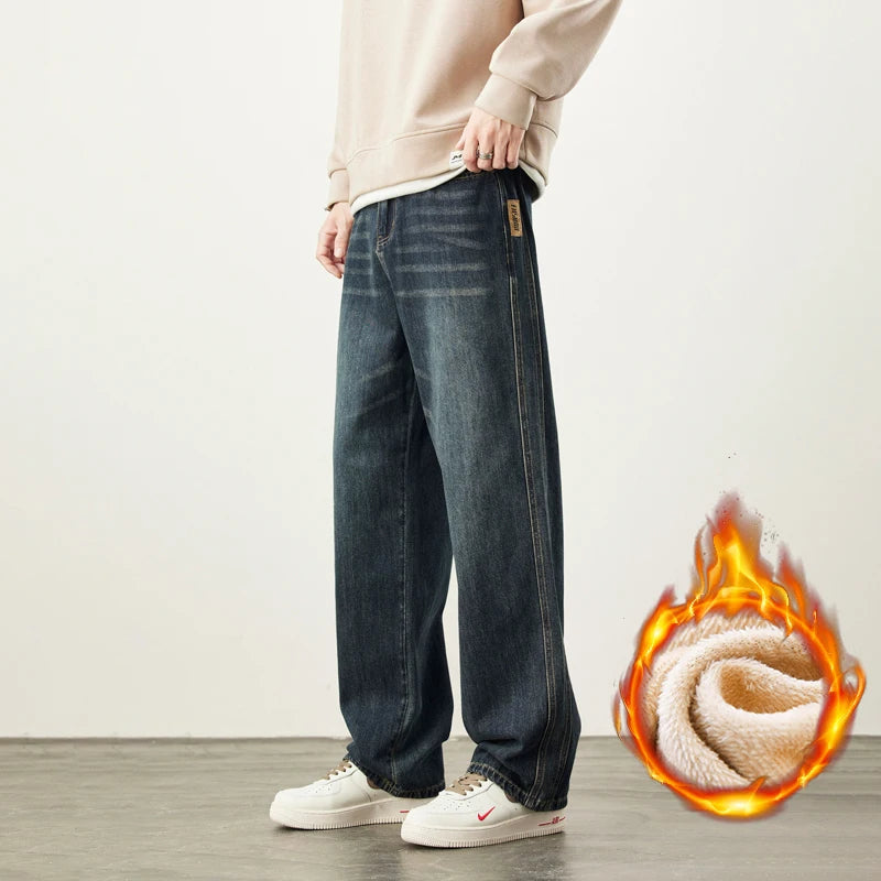 Wide-Leg Warm Fleece Jeans — Winter Thick Loose Straight Denim Pants for Men, Vintage Casual Velvet-Lined Korean Style Trousers