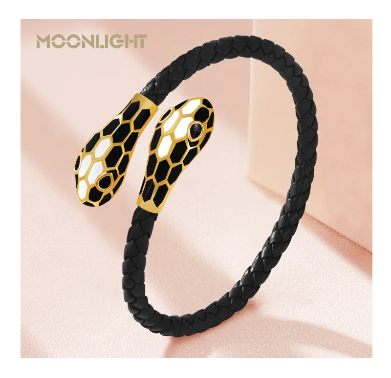 MOONLIGHT Classic Style Double Snake Head Cuff Bangles for Women Genuine Braided Leather Bracelets Female Fashion Jewelry Gifts