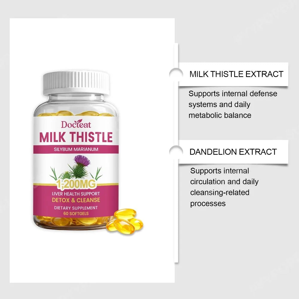Docteat Milk Thistle Dandelion Softgels 1200mg 60 CT Supports Daily Wellness Natural Liver Metabolic Support Non-GMO
