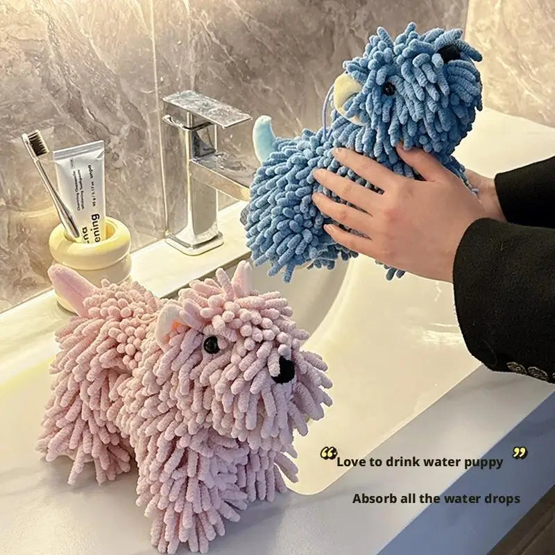 Cute Cartoon Puppy Hand Towel | Fluffy Chenille Kitchen & Bath Towel