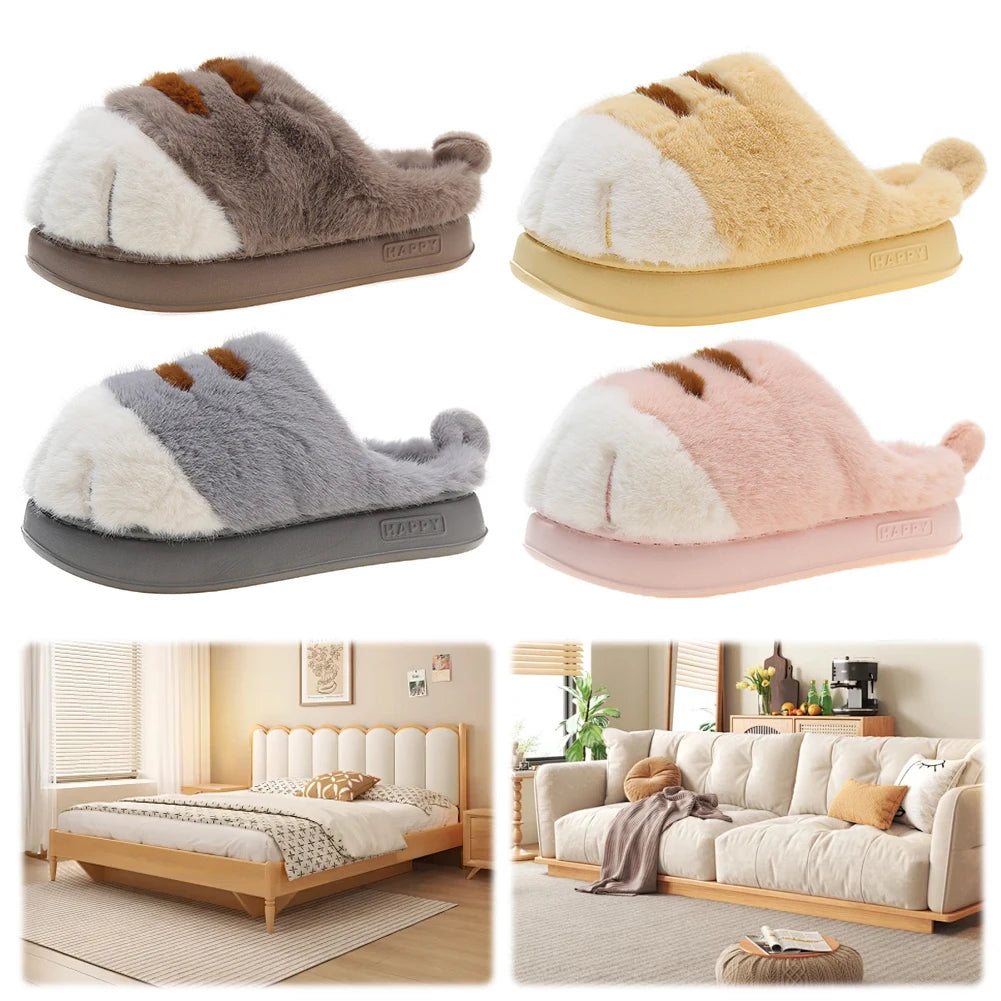 Cute Cat Paw Plush Slippers | Cozy Furry Winter Indoor Shoes