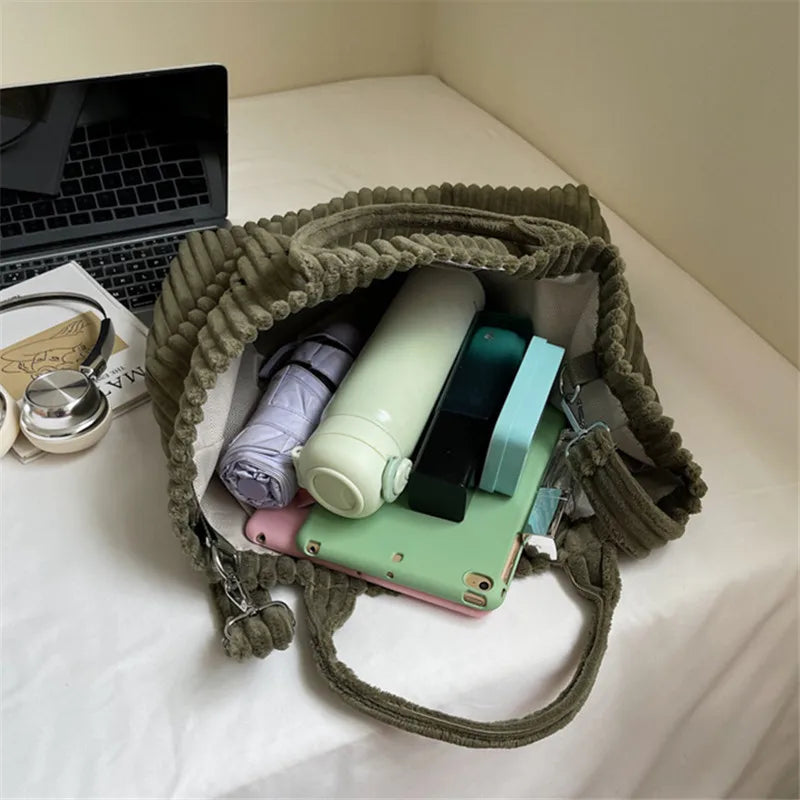 Bolso de mano de terciopelo a rayas de gran capacidad | Bolso tote elegante y versátil