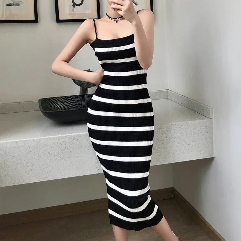 Summer Sexy Knitting Sleeveless Dress | Vintage Striped Bodycon Midi