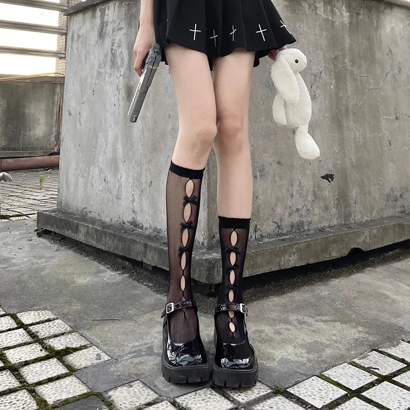 Kawaii Hollow Out Mesh Fishnet Socks | Cute Bow Long Stockings