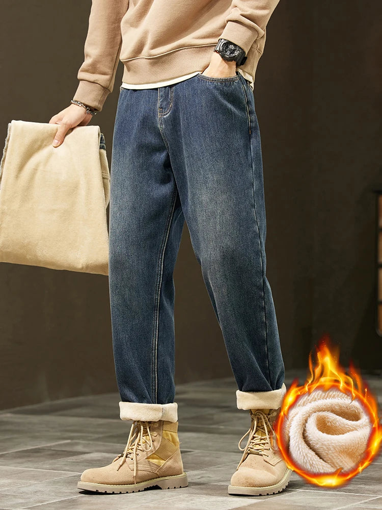 Men's Retro Loose Winter Fleece Jeans | Warm Plush Velvet Pants