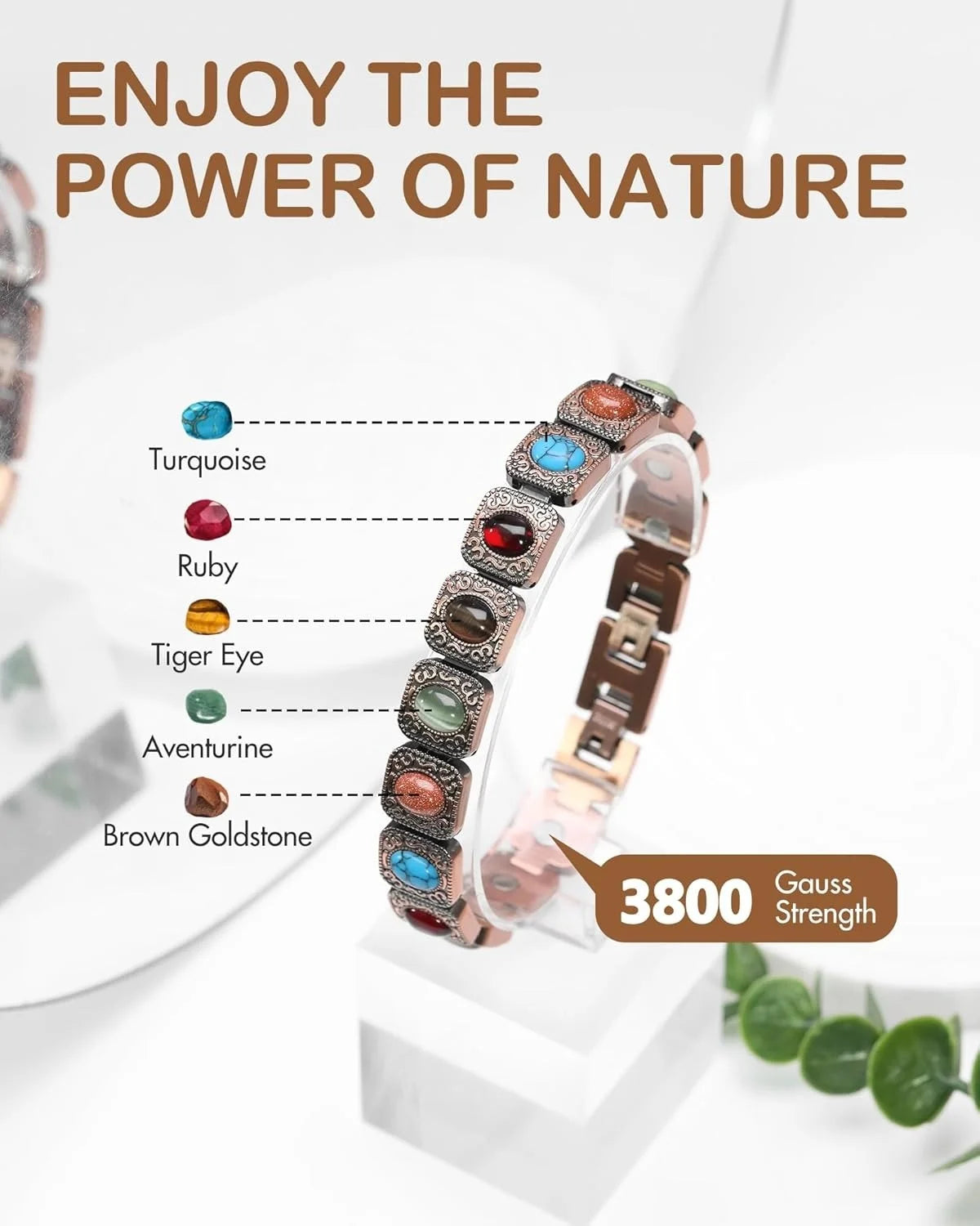 Adjustable Pure Copper Magnetic Bracelet with Natural Stones