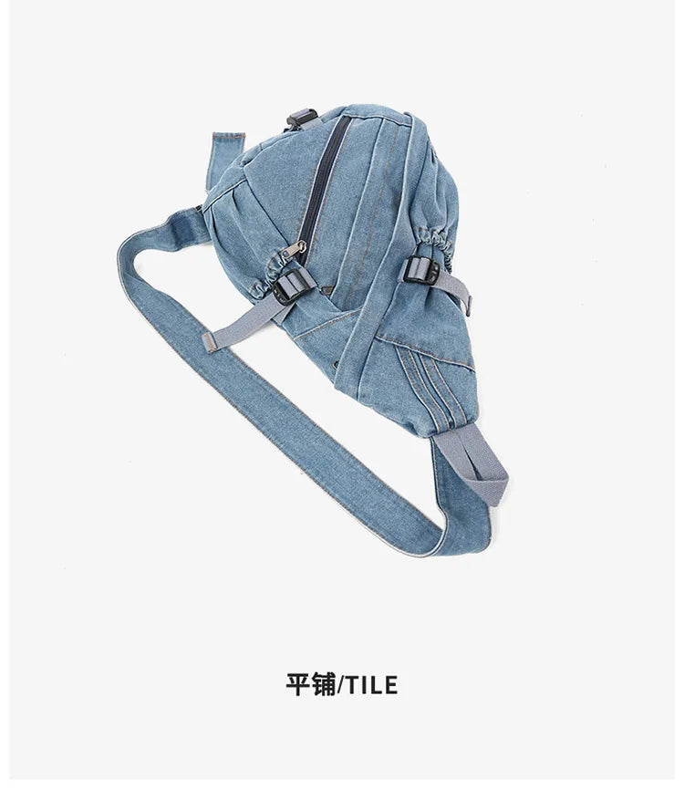 Vintage Washed Denim Sling Bag Man Woman Multifunction Retro Large Capacity Portable Motorcycle Chest Bag
