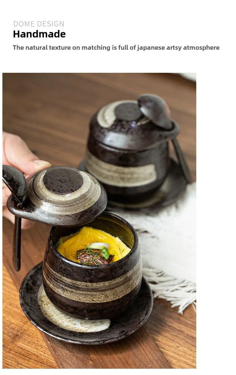 Japanese Retro Ceramic Stew Pot with Lid & Spoon Set | Multifunctional Soup Cup