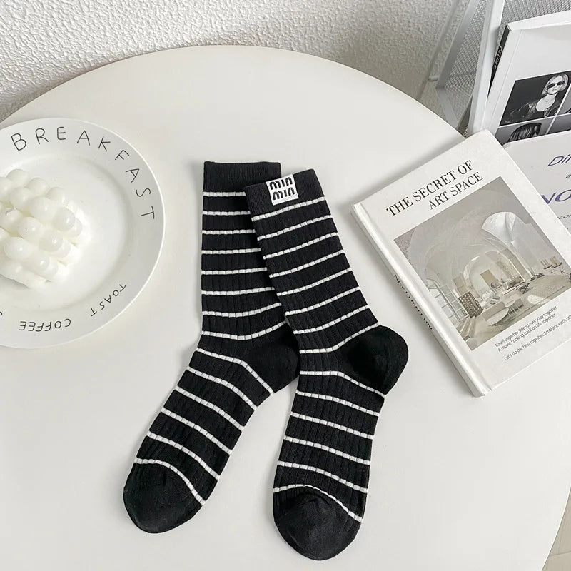 Trendy Striped Mid Tube Socks | Stylish Breathable Casual Wear