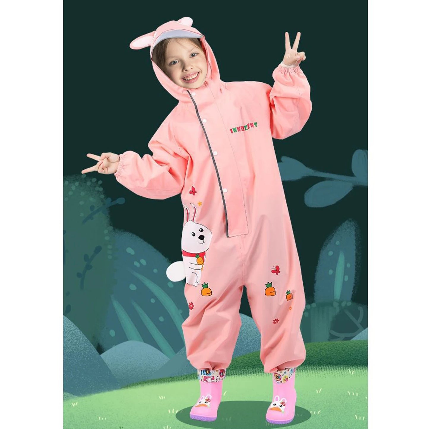 Cute Colorful Rabbit & Dinosaur Kids Raincoat | Waterproof One-Piece